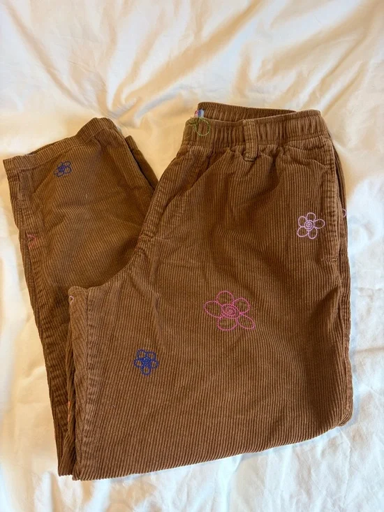Urban Outfitters Brown Corduroy Wide Leg Pants with Floral Embroidery - Picture 1 of 4